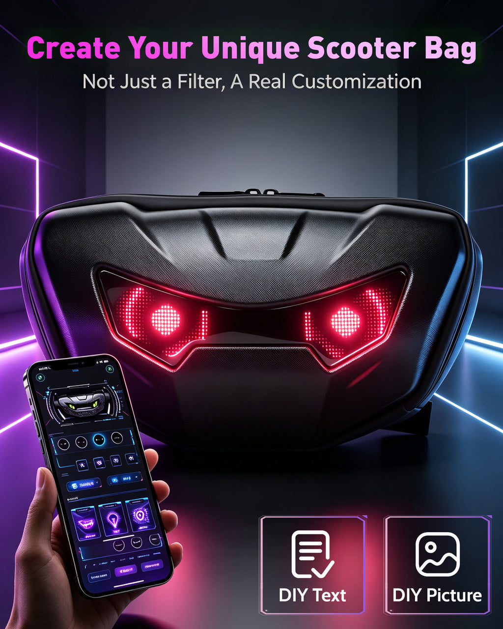 Electric Scooter Bag Bluetooth App-Controlled Light-Up Screen w/LED Pixel Display